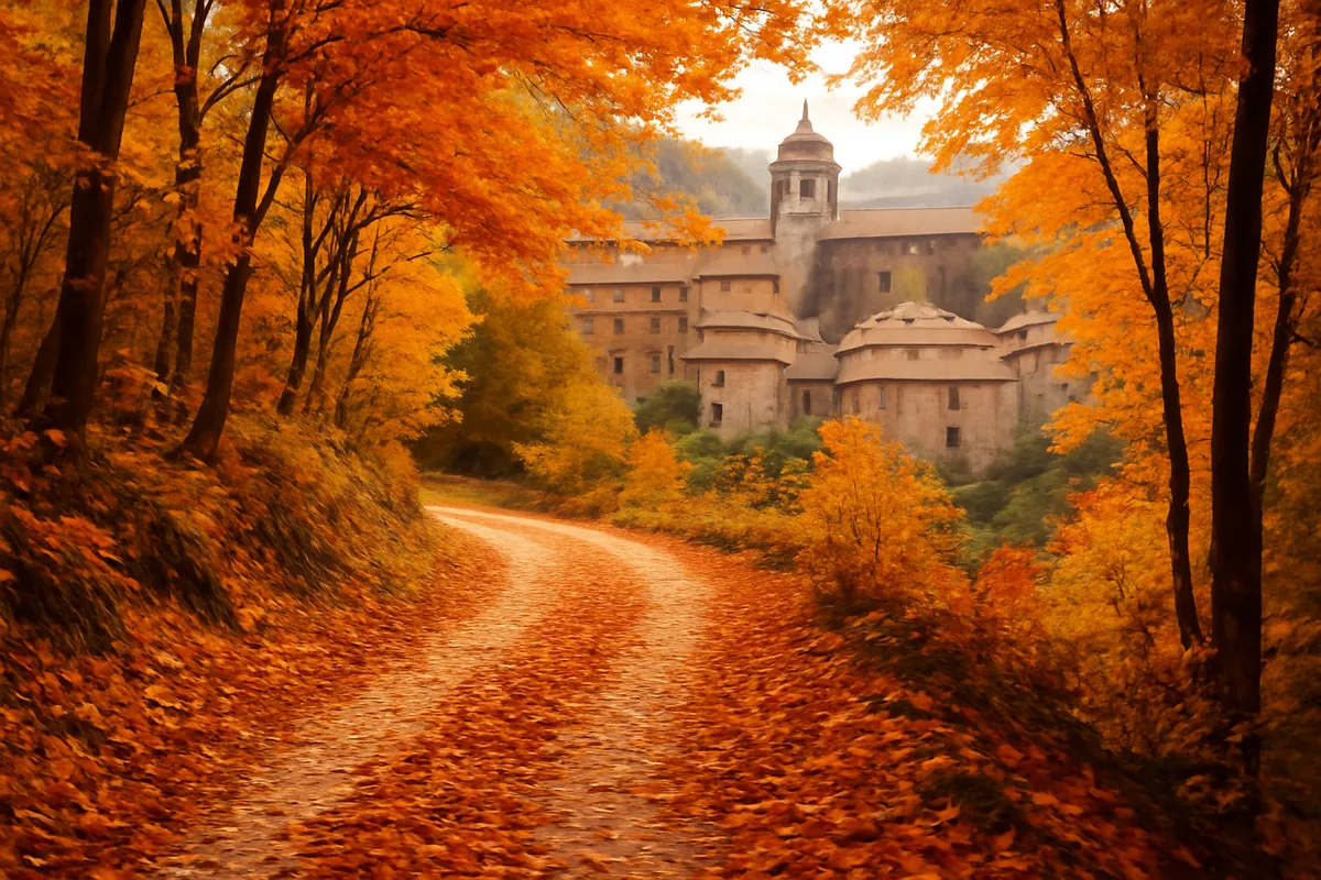 A picturesque forest path blanketed in golden autumn leaves leading toward a charming European stone village, bathed in warm afternoon sunlight filtering through the colorful tree canopy.